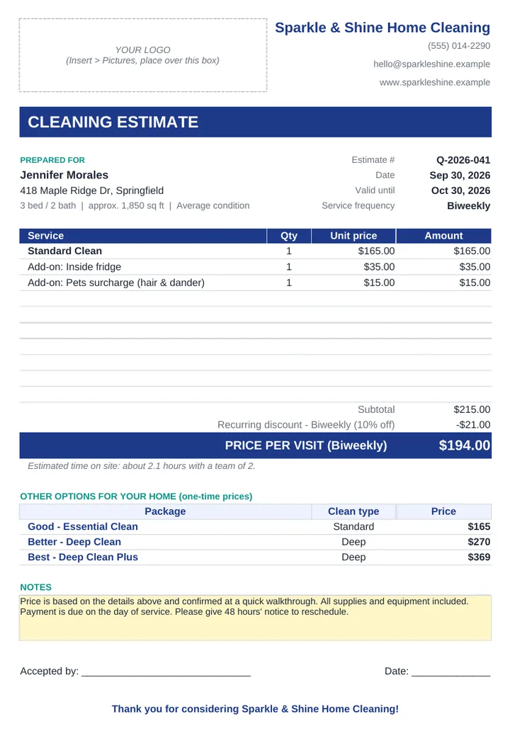 Client Quote, ready to print or save as PDF