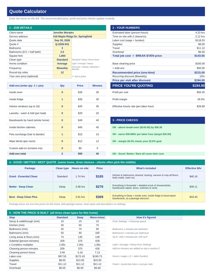 Cleaning pricing calculator: quote with break-even and hourly checks