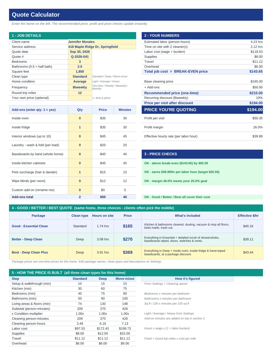 Quote Calculator: job details, costs, recommended price and green price checks