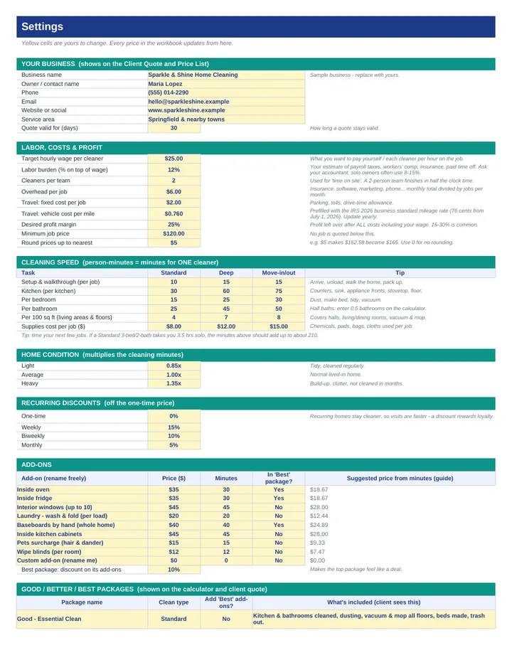 Settings: wage, costs, speeds, add-ons