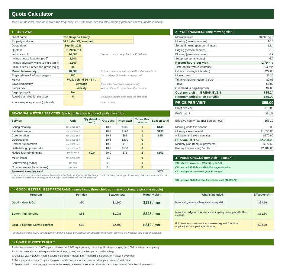 Quote Calculator: lawn size, per-visit price, season total, monthly plan and price checks